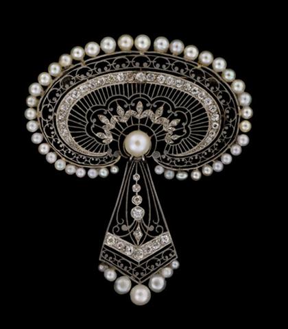 Appraisal: white gold filigree pearl and diamond brooch Fifty-nine petite round