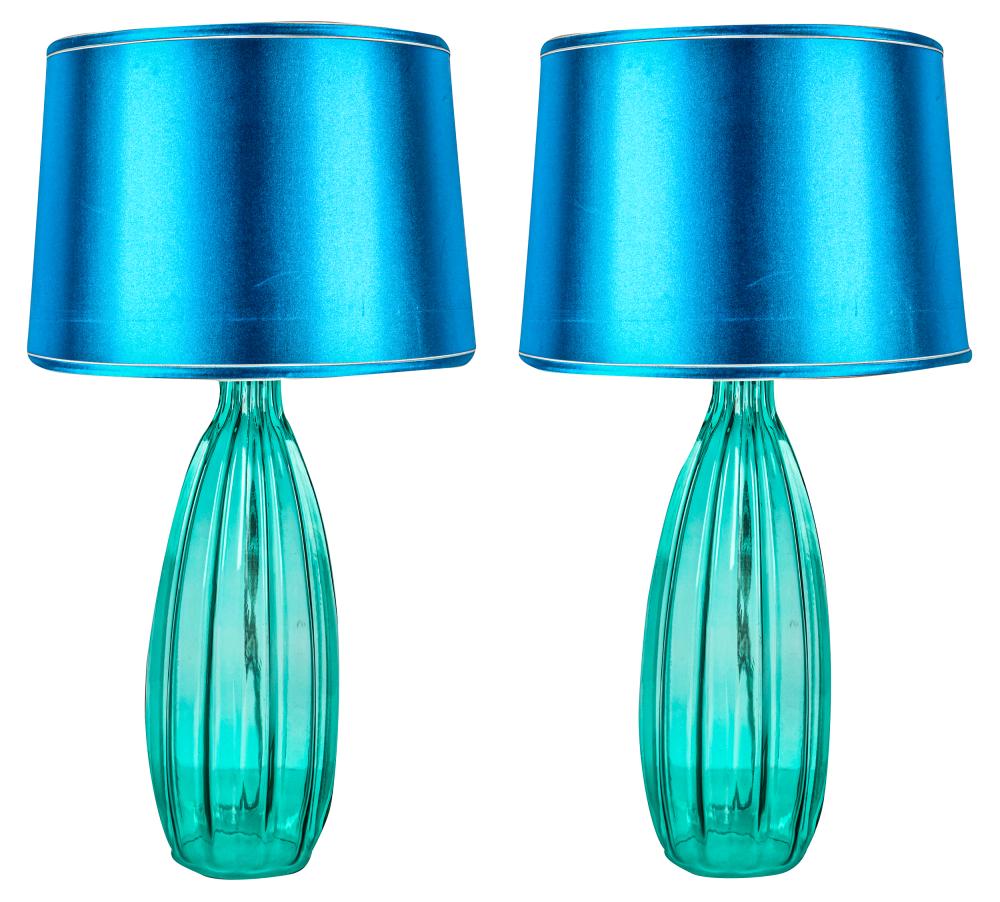 Appraisal: PAIR OF BLUE GLASS TABLE LAMPSwith blue shades total inches