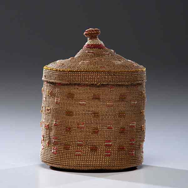 Appraisal: Attu Eskimo Lidded Basket body dotted with green pink and