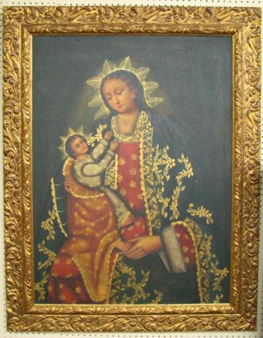 Appraisal: Decorator Italian Madonna Child Print on Canvas x extremely ornate