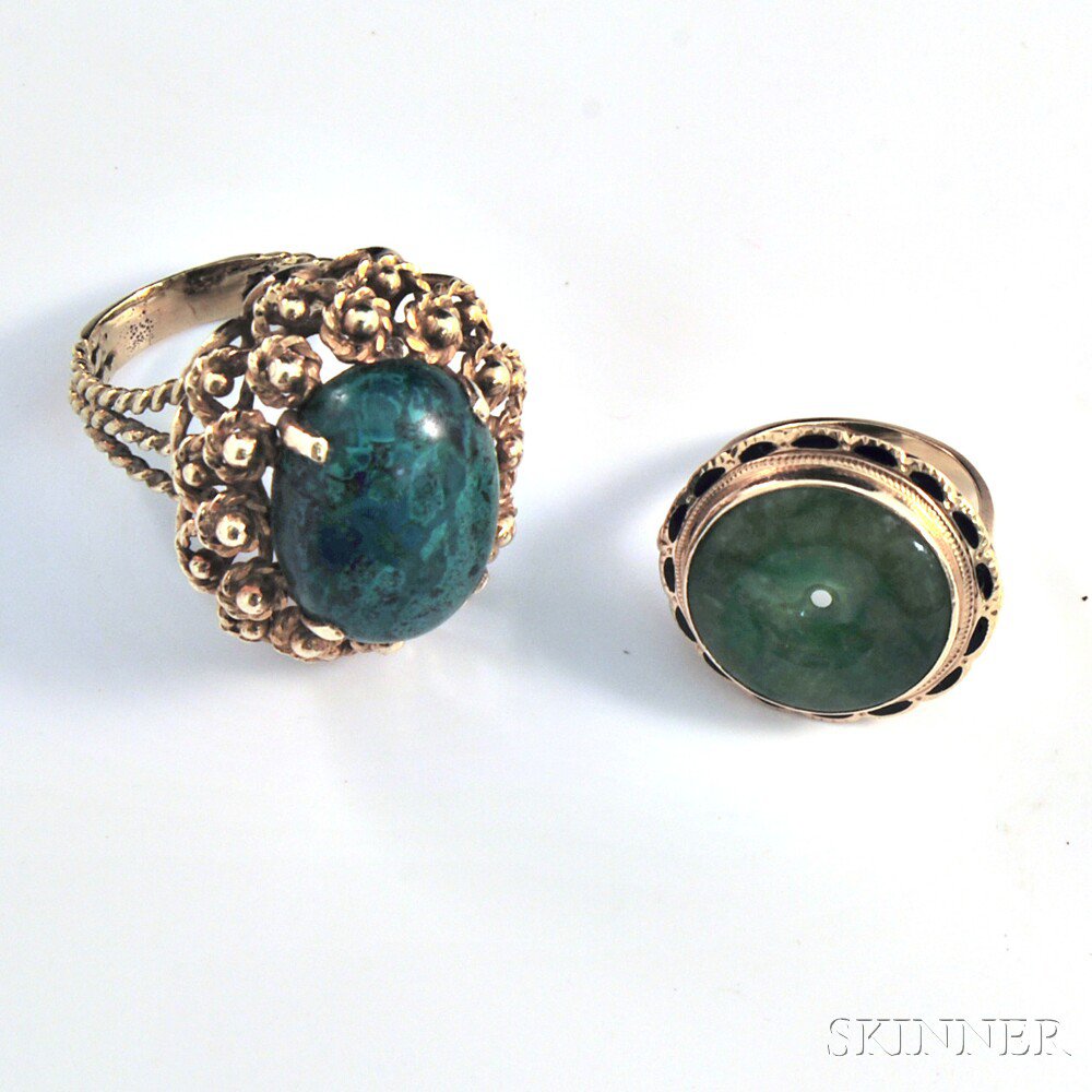 Appraisal: Two Gold and Green Stone Rings one kt gold jade