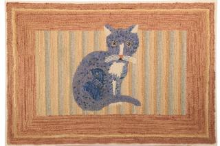 Appraisal: WONDERFUL AND WHIMSICAL BLUE CAT HOOKED RUG Stretched and Mounted