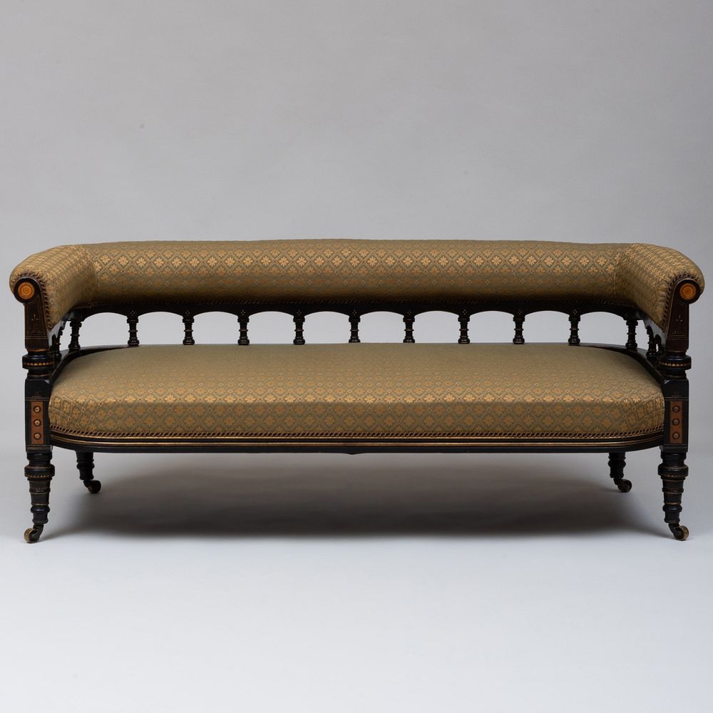 Appraisal: English Aesthetic Movement Inlaid Ebonized and Upholstered Sofa Lamb of