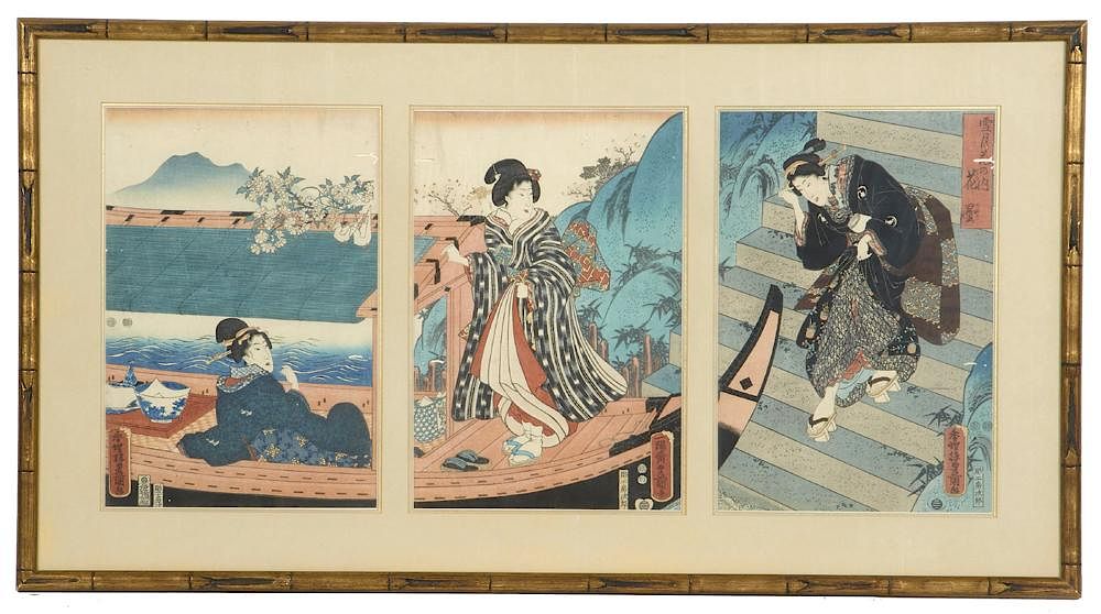 Appraisal: Utagawa Kunisada Hazy Spring Day woodblock triptych Utagawa Kunisada Japan