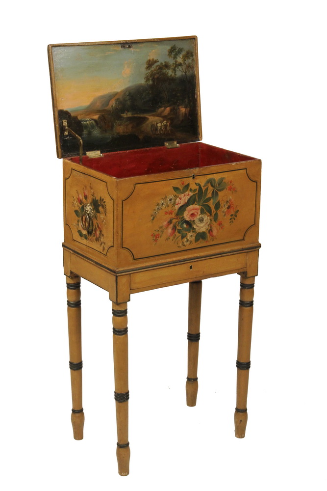 Appraisal: IMPORTANT ENGLISH SHERATON PAINTED BOX ON STAND - Lady's Sewing