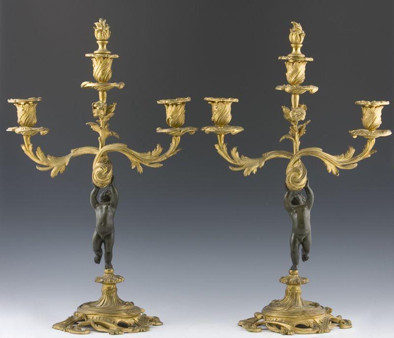 Appraisal: Pair of Antique Bronze Figural Candelabra late th c French