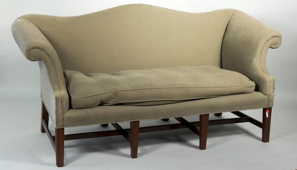 Appraisal: Chippendale Style Camelback Sofa Chippendale transitional mahogany camelback sofa upholstered