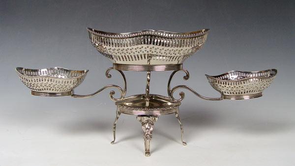 Appraisal: INTERNATIONAL RETICULATED THREE TIER SILVERPLATE SWEET MEAT BASKET EPERGNE removable