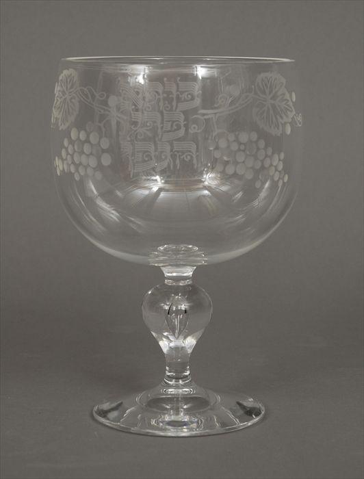 Appraisal: Steuben Glass Goblet Etched with Grape Clusters and Hebraic Inscription