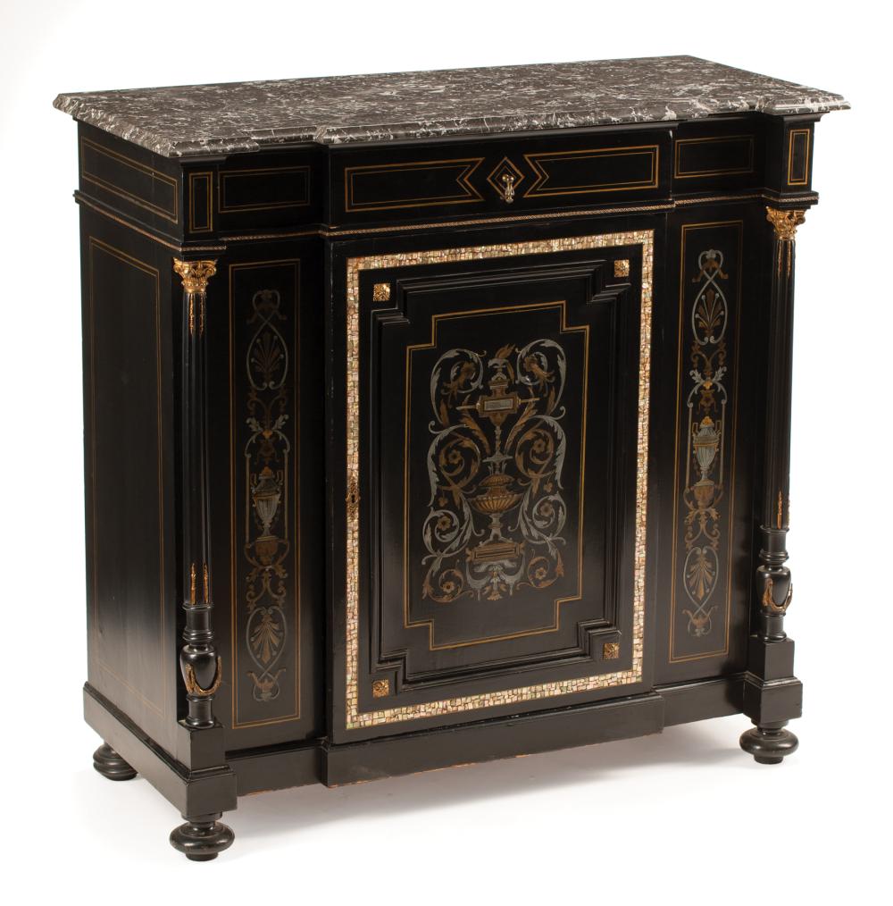 Appraisal: Napoleon III Brass and Silver Inlaid Ebonized Commode late th