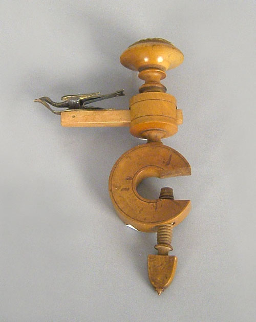 Appraisal: Turned maple and brass bird sewing clamp mid th c