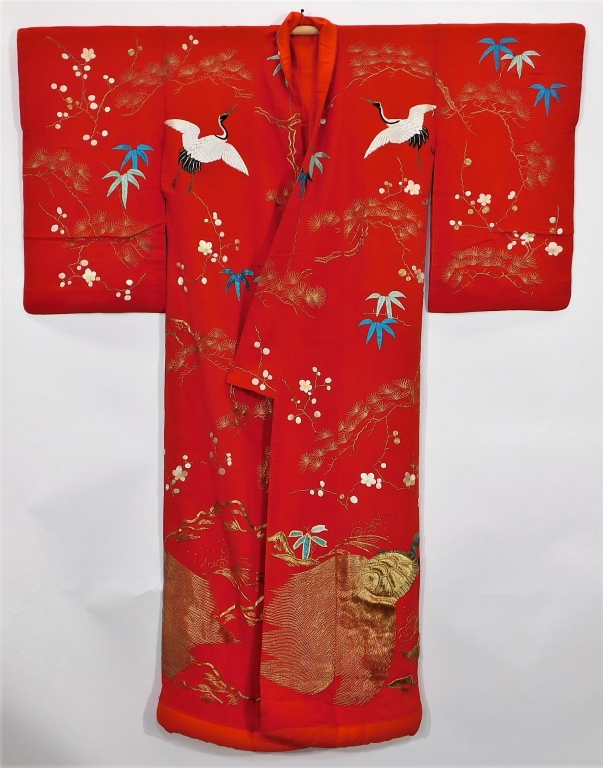 Appraisal: EDO PERIOD EMBROIDERED CRANES UCHIKAKE KIMONO Japan Circa Hand woven