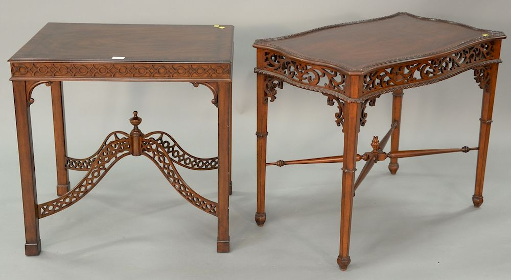 Appraisal: Two Ethan Allen mahogany Chippendale style tables with stretchers ht