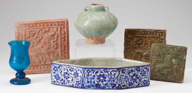 Appraisal: Six Near Eastern Medieval Articlesto include blown light blue stemmed