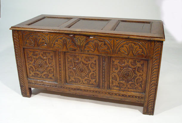 Appraisal: th Century three panel coffer with hinged lid above arcadian