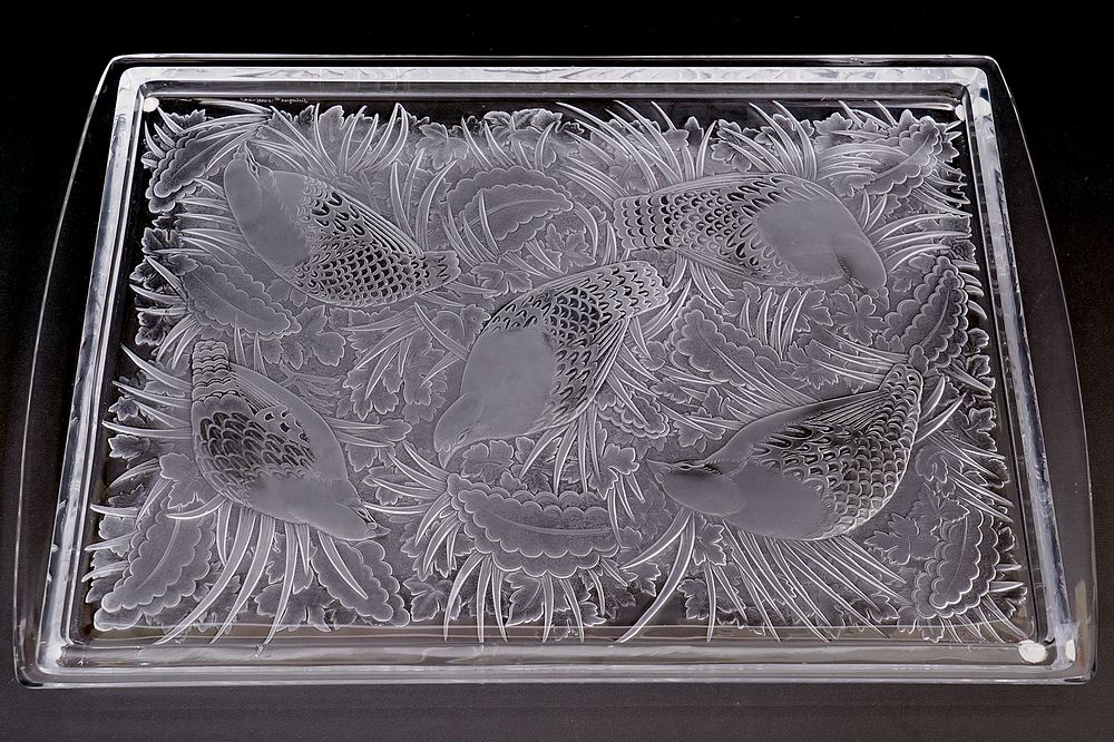 Appraisal: Lalique Art Deco Quail Etched Crystal Tray Lalique art deco