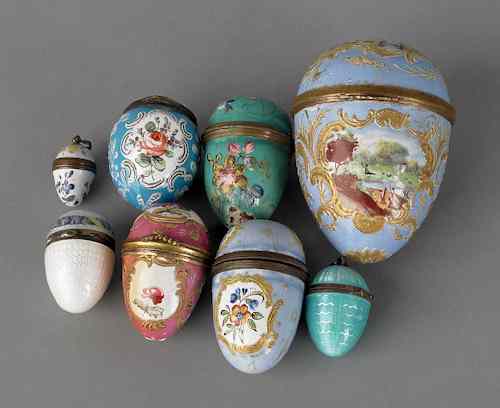 Appraisal: Eight Continental enameled egg form boxes th c largest -