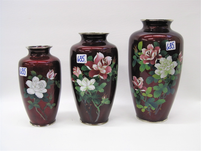 Appraisal: THREE JAPANESE PIGEON BLOOD CLOISONNE VASES floral decoration on a