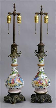 Appraisal: PAIR OF FRENCH METAL-MOUNTED ENAMELED GLASS PEAR-FORM OIL LAMPS Each