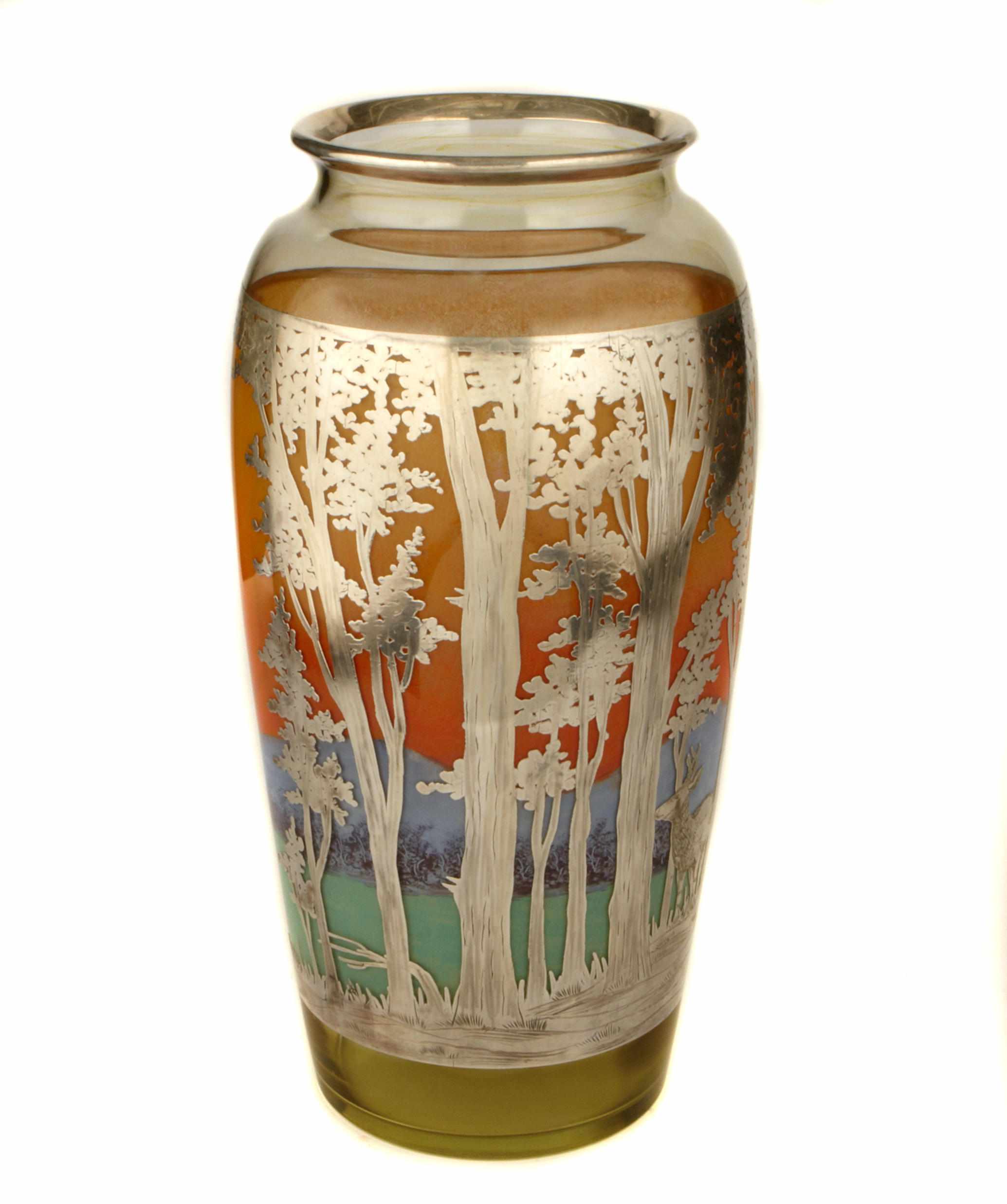 Appraisal: An interior painted and silver overlaid glass Landscape vase late