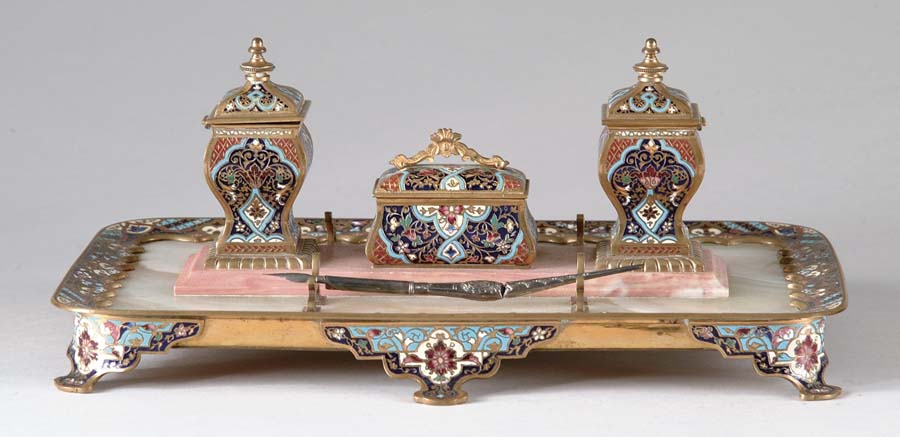 Appraisal: ENAMELED MARBLE BRASS DESK SET Very pretty desk set features