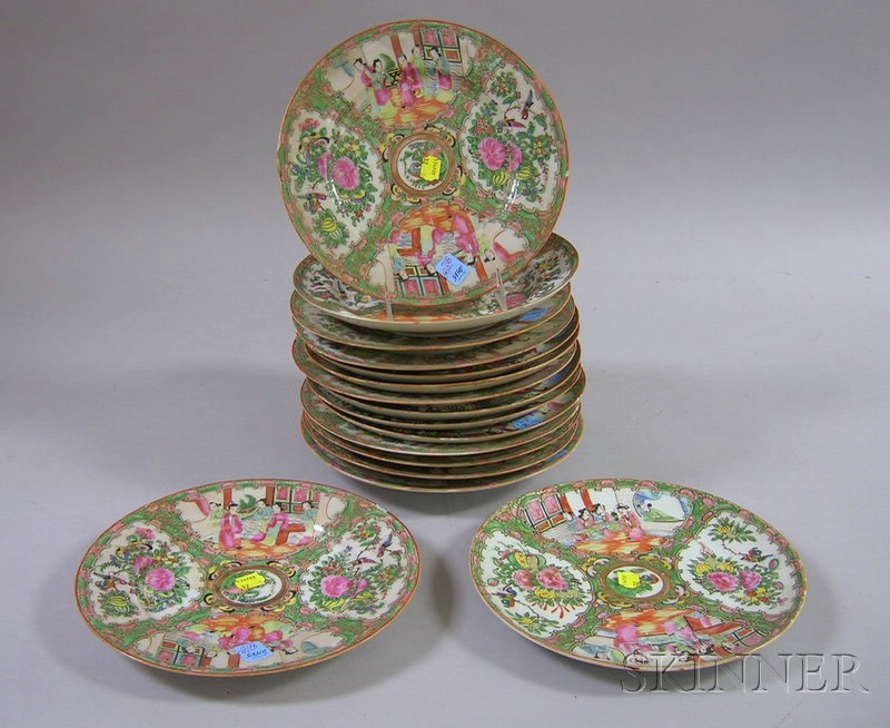 Appraisal: Sixteen Chinese Export Porcelain Rose Medallion Pattern Plates chips approx