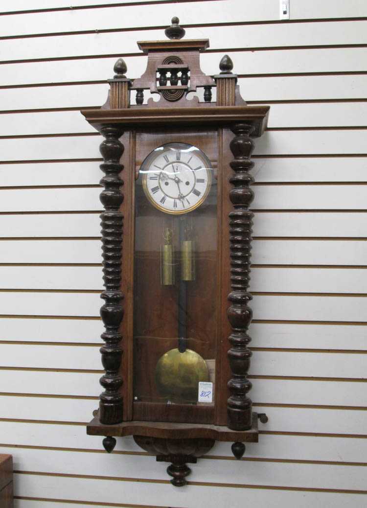 Appraisal: TWO-WEIGHT WALL CLOCK Lenzkirch Clock Co movement c walnut long