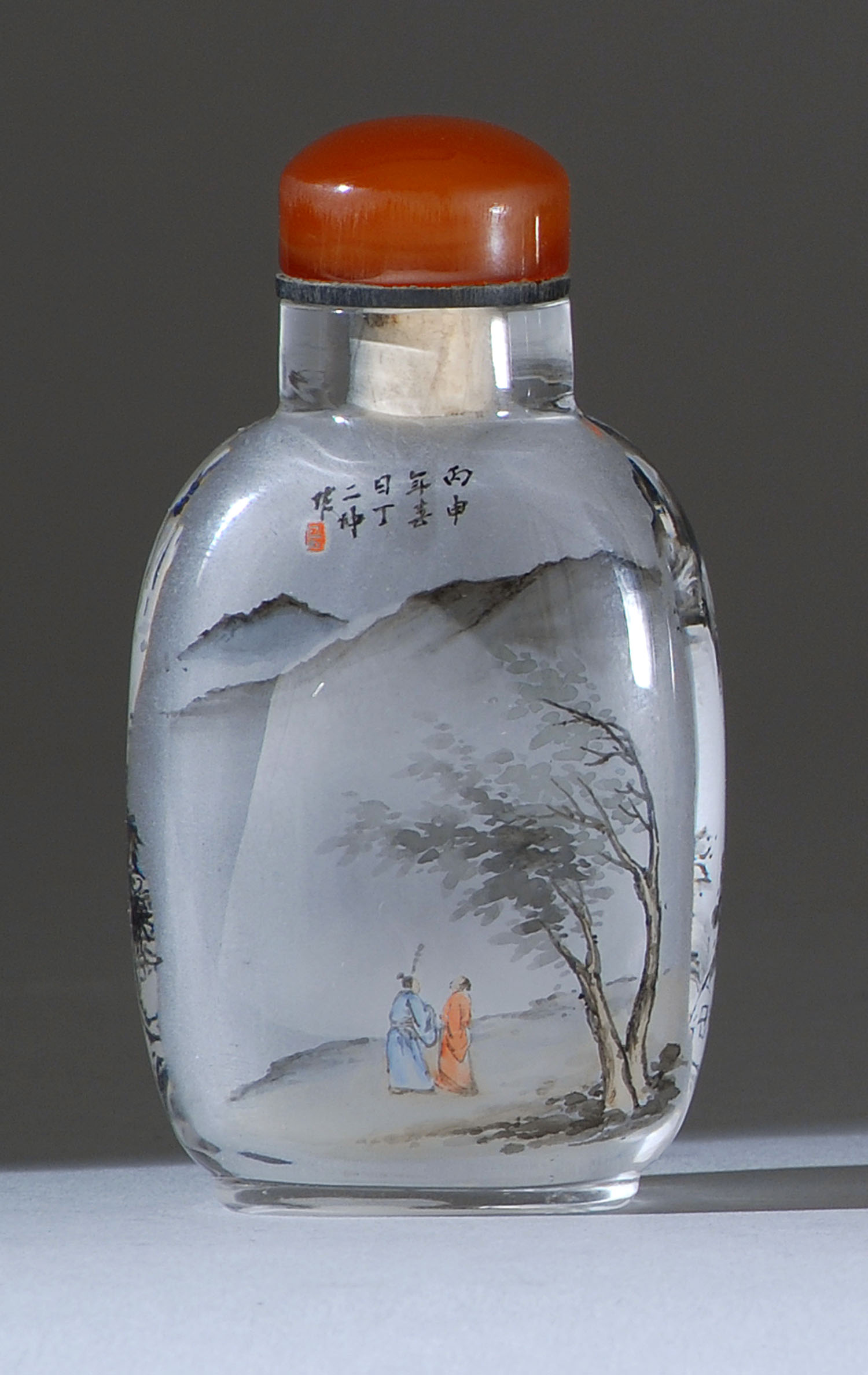 Appraisal: INTERIOR-PAINTED GLASS SNUFF BOTTLE Early th CenturyAttributed to Ding Erzhong