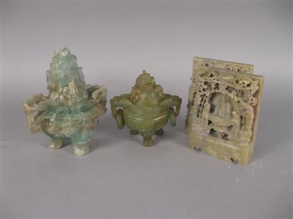 Appraisal: Chinese quartz censer jadeite censer and pair of soapstone bookends