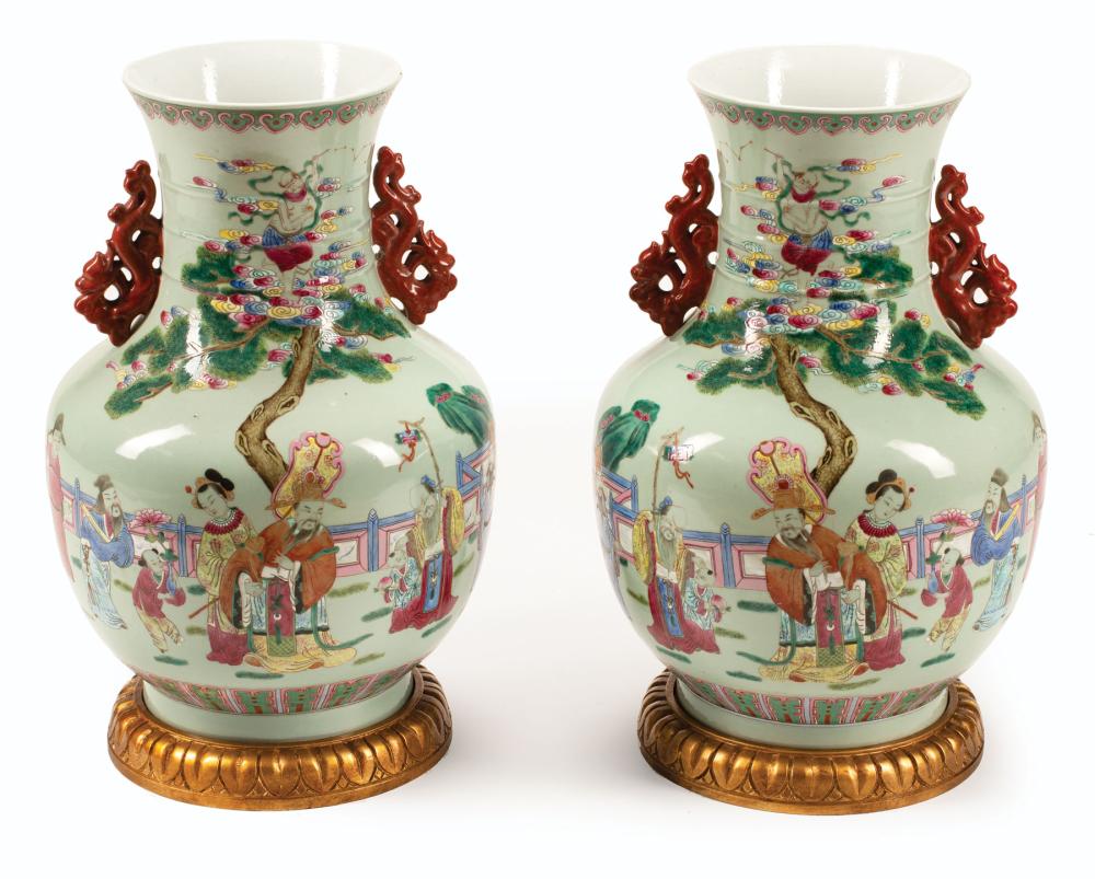 Appraisal: Monumental Pair of Chinese Famille Rose Decorated Celadon Porcelain Vases