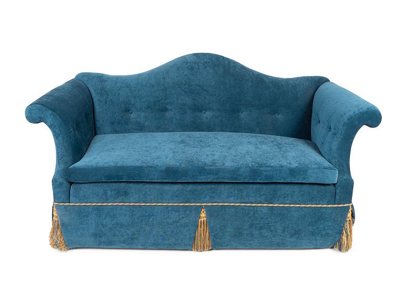 Appraisal: A Camel Back Settee Upholstered in Teal VelvetHeight x width