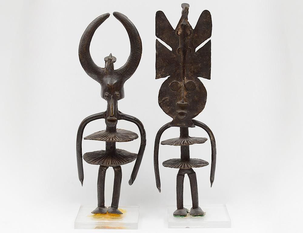 Appraisal: TWO AFRICAN PATINATED BRONZE BENIN FIGURES Each mounted on a