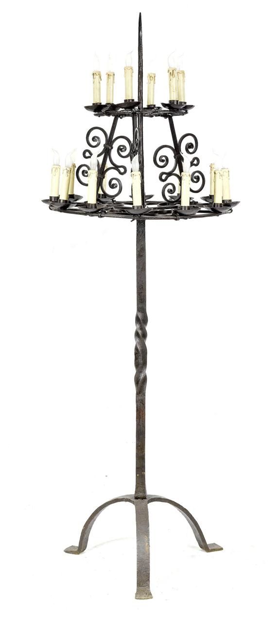 Appraisal: CANDELABRUM Baroque style Wrought iron lights D H cm Fitted