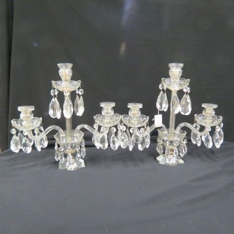 Appraisal: Pair of Cut Crystal Candelabra triple light cut crystal prisms