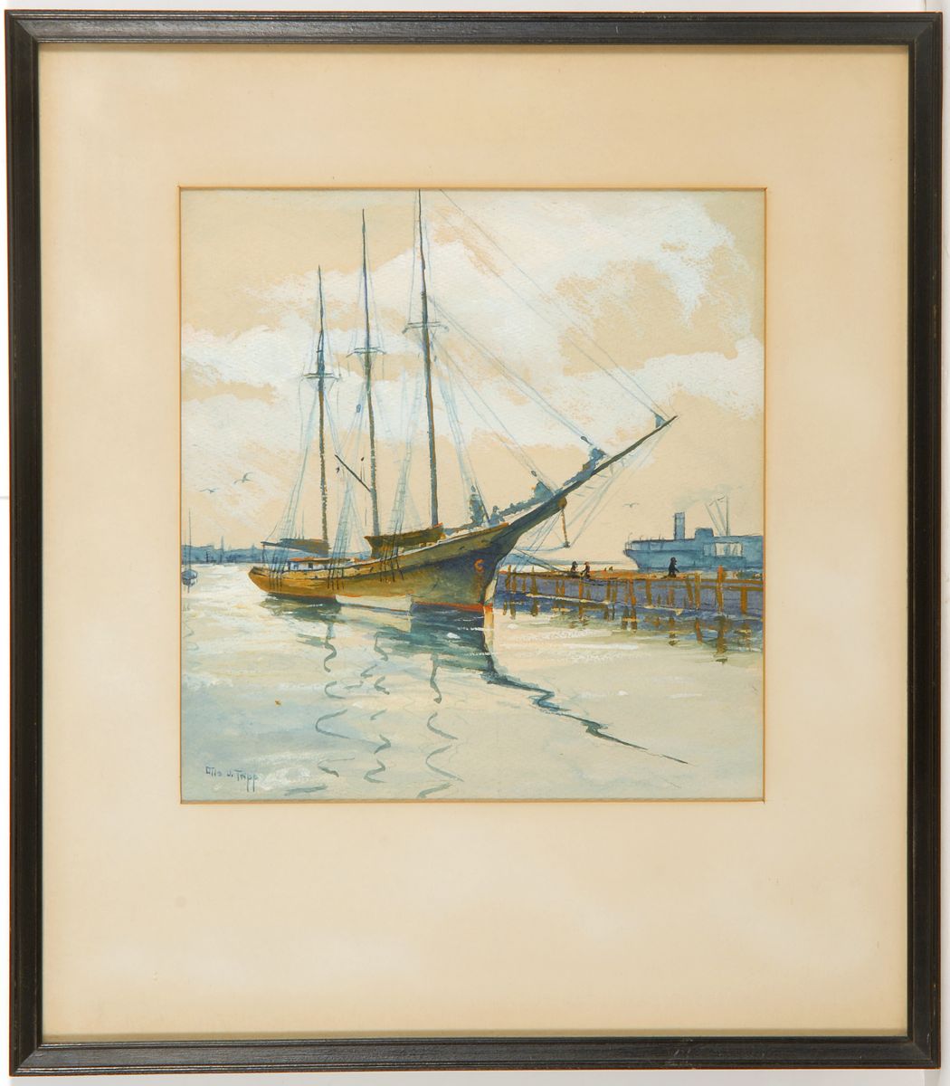 Appraisal: OTIS J TRIPPAmerican th CenturyHarbor Scene with three-masted vessel at