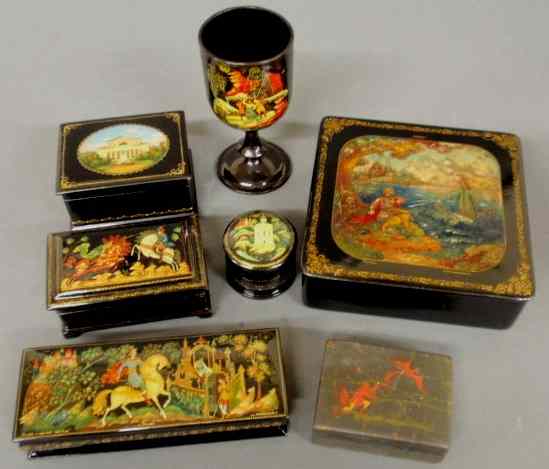 Appraisal: Six Russian lacquerware boxes and a goblet largest box h