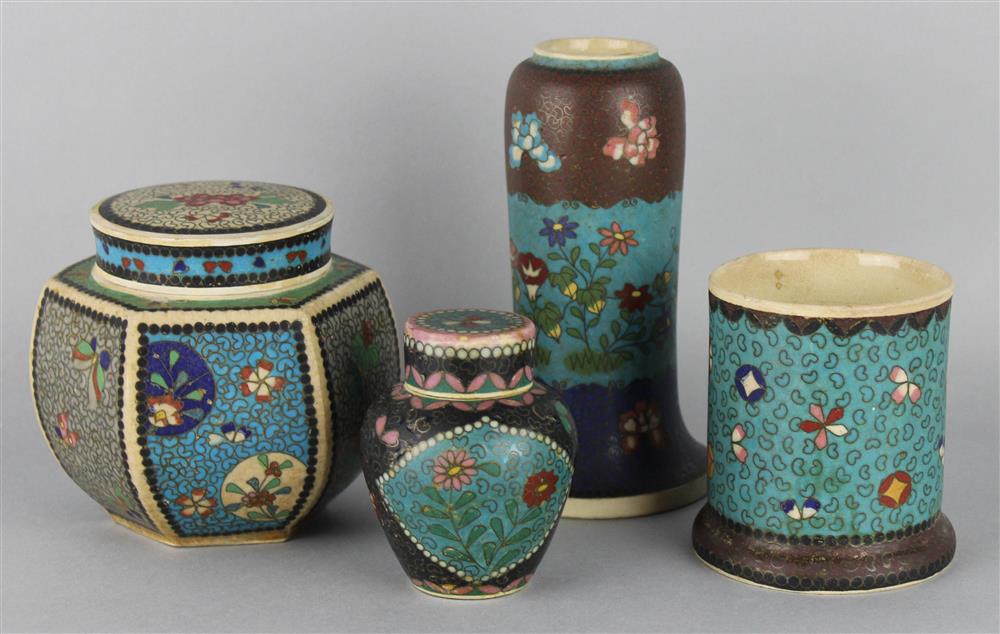 Appraisal: FOUR PIECES OF JAPANESE CLOISONNE ON PORCELAIN the first a