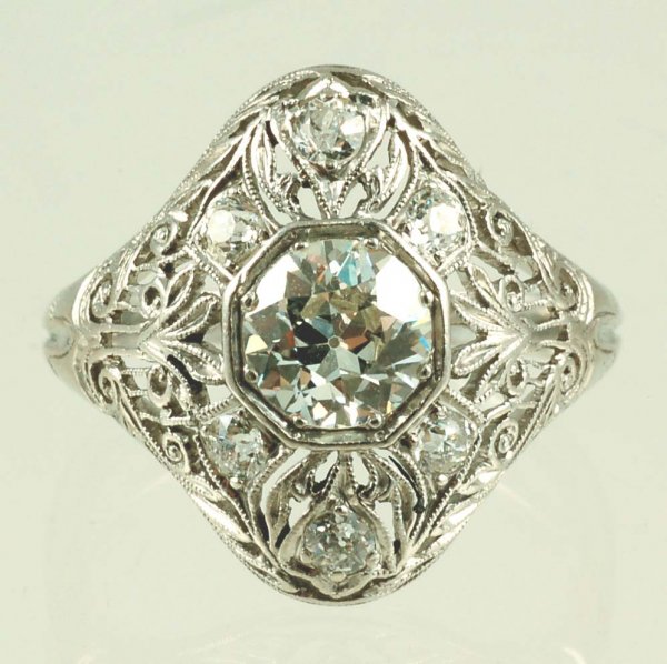 Appraisal: ctw diamond filigree ring in platinum marked Irid Plat Center