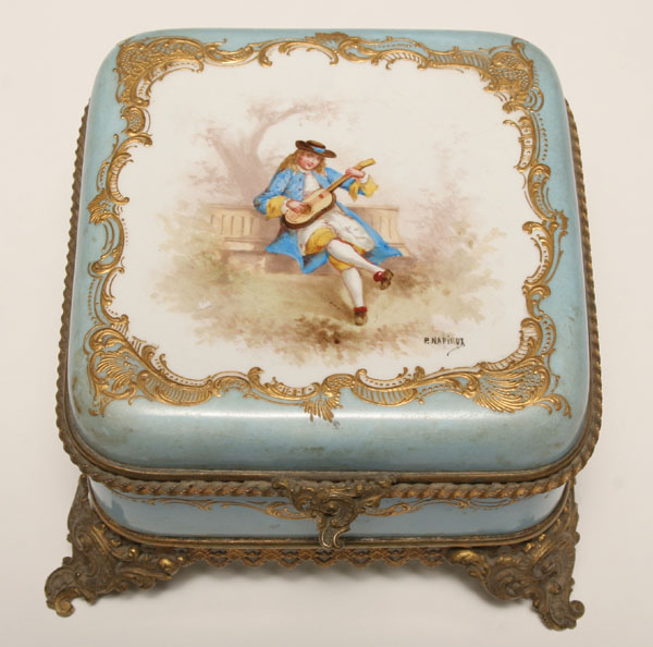 Appraisal: French hand painted and gilt porcelain dresser box having lid