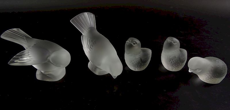 Appraisal: Collection of five Lalique Bird Figures Collection of five Lalique