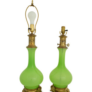 Appraisal: A Pair of Green Opaline Glass Base Table Lamps TH