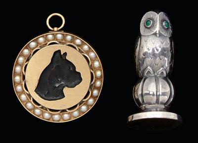 Appraisal: Two animal pins Georg Jensen sterling owl green stone eyes