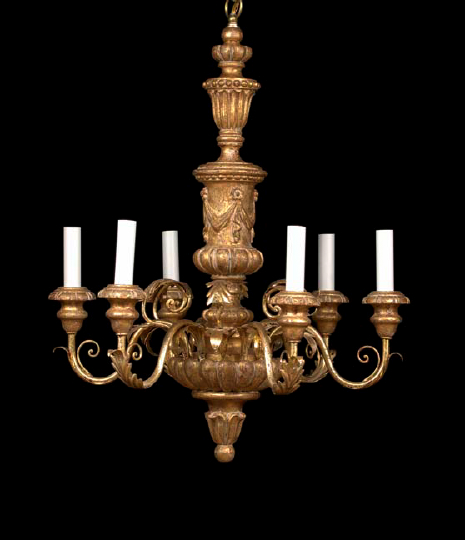 Appraisal: French Carved and Gilded Wood and Wrought-Iron Vasiform Six-Light Chandelier