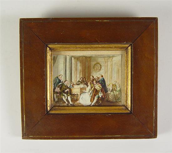 Appraisal: Miniature Oil Painting on Ivory Painting of parlor scene with