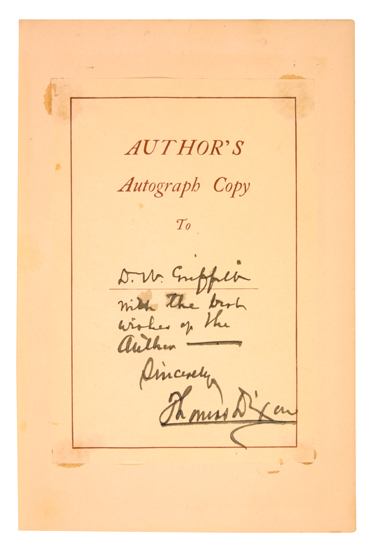 Appraisal: INSCRIBED TO D W GRIFFITH FILM GRIFFITH D W DIXON