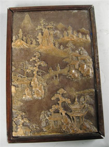 Appraisal: Carved soapstone Chinese plaque Rectangular carved in relief depicting Chinese