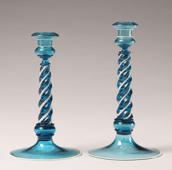 Appraisal: Murano Soffiati Murano art glass candlesticks Blue spiral columns with