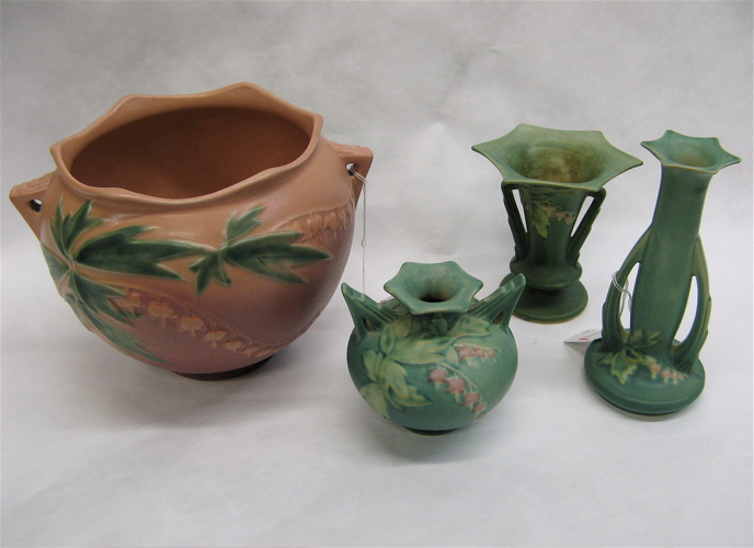 Appraisal: FOUR AMERICAN ROSEVILLE ART POTTERY PIECES in the Bleeding Heart