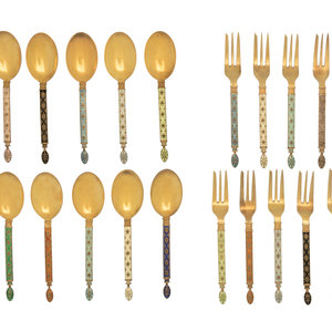 Appraisal: A Group of Norwegian Enameled Silver Flatware Jacob Tostrup Oslon