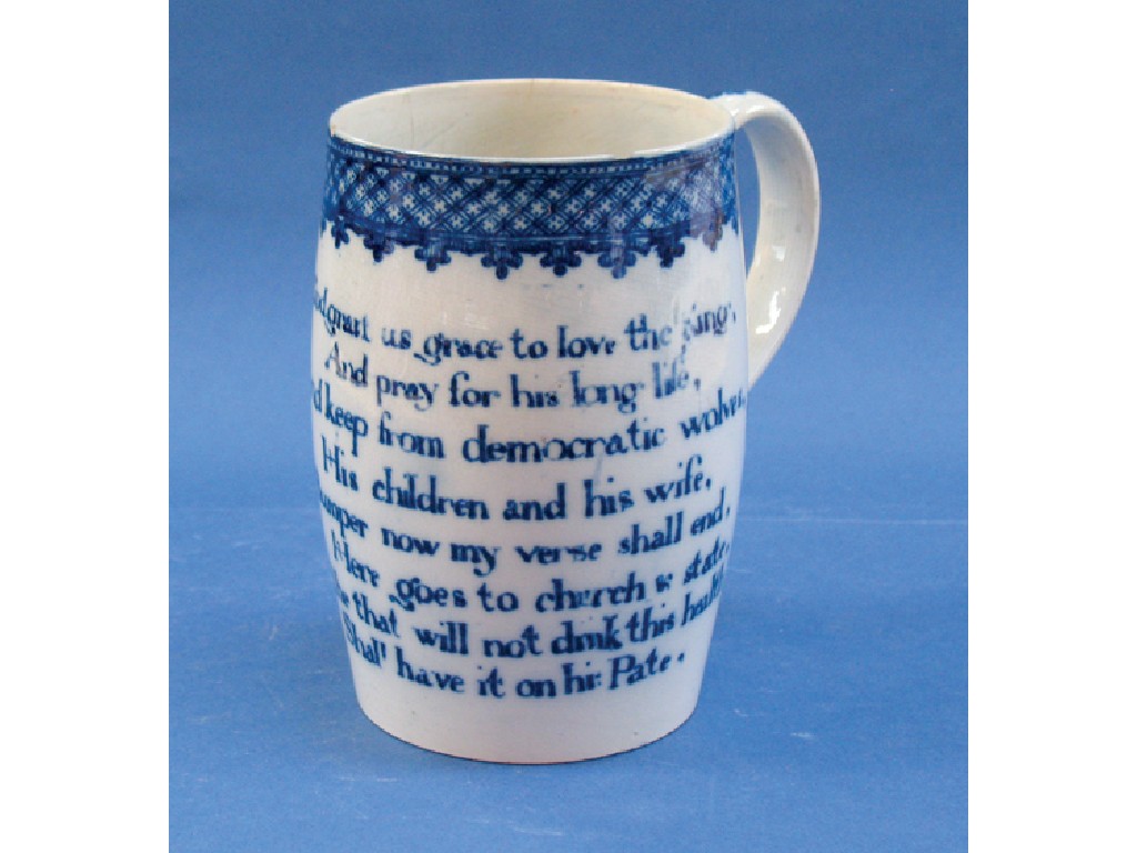 Appraisal: A PEARLWARE BARREL-SHAPED BLUE AND WHITE MUG circa with a